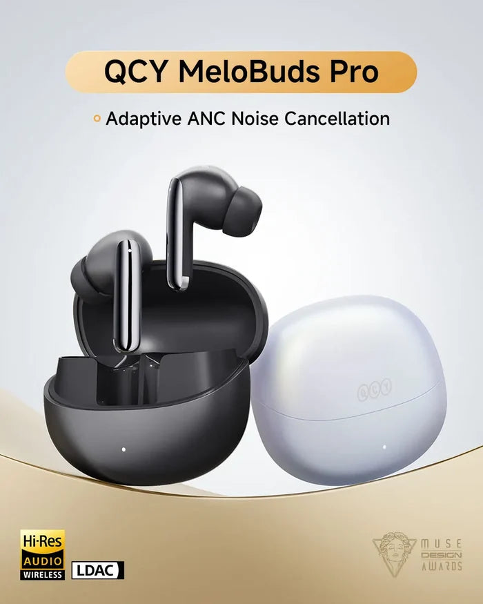 QCY MeloBuds Pro ANC earphones with 46dB hybrid noise cancellation, 6 microphones, Hi-Res LDAC, and 34-hour playtime