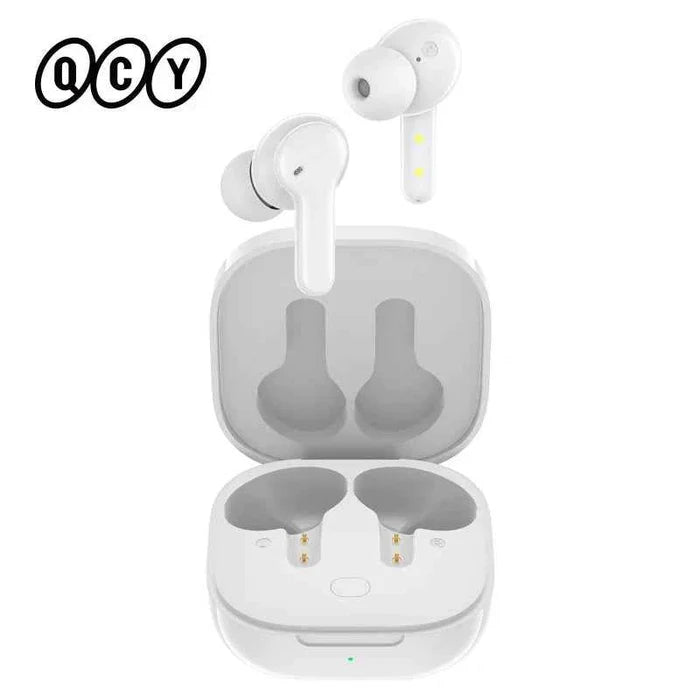 Wireless in-ear headphones, QCY T13 earbuds, showcasing sleek design and charging case for superior sound quality.