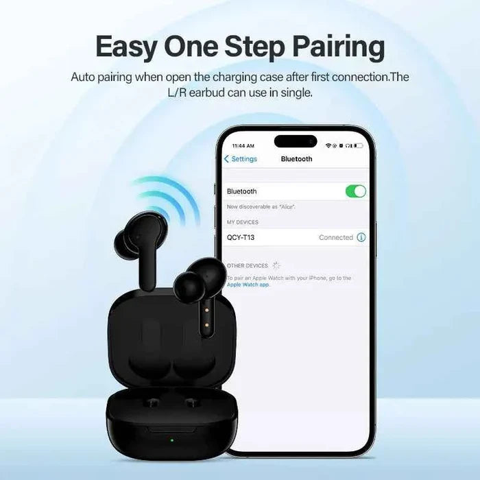 QCY T13 wireless in-ear headphones with sleek design and superior sound quality, shown in black with charging case.