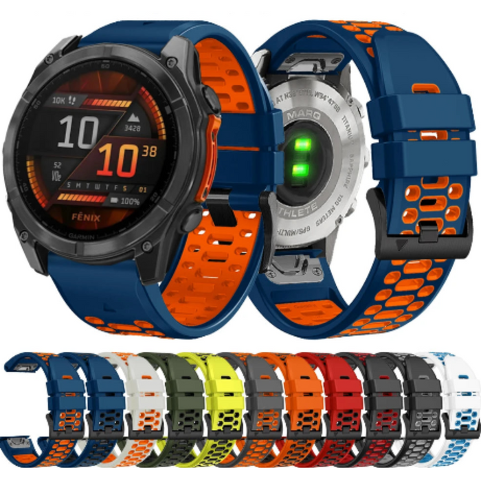 Habicare Quick Fit silicone strap for Garmin Fenix 8 51mm, TWS style, available in 12 colors, shown in black and gray.