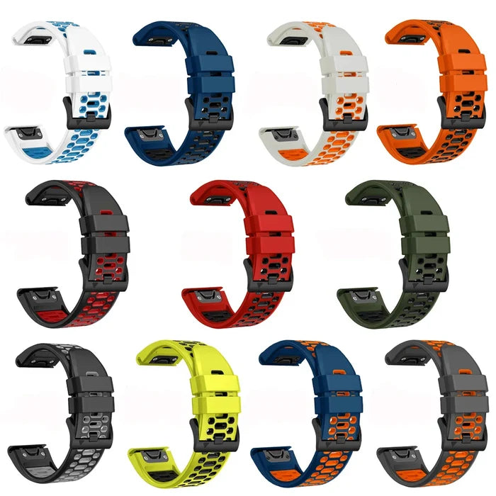Habicare Quick Fit silicone strap for Garmin Fenix 8 (51mm), TWS, available in 12 vibrant colors, shown on watch.