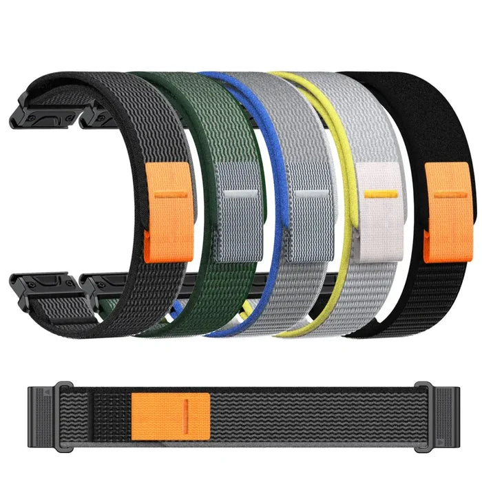 Habicare QuickFit nylon strap for Garmin Instinct and Fenix series, available in 2 sizes and 6 colors, shown on watch.