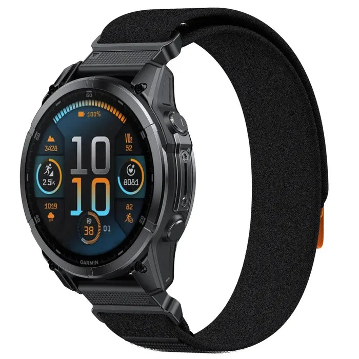 Habicare QuickFit nylon strap for Garmin Instinct and Fenix series in multiple colors and sizes, designed for comfortable wear.