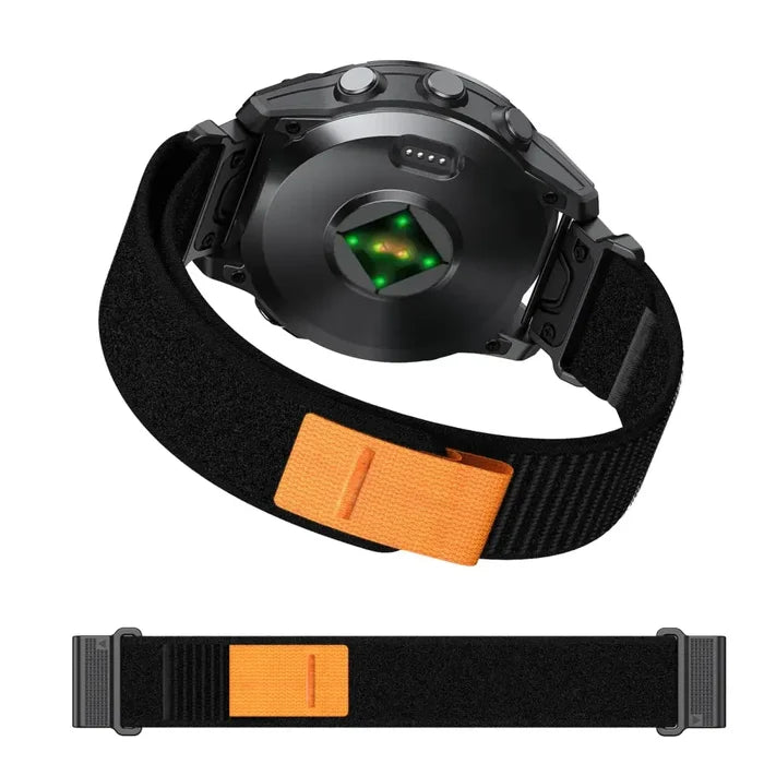 Habicare QuickFit nylon strap for Garmin Instinct and Fenix series, available in 2 sizes and 6 colors, for comfortable wrist wear.