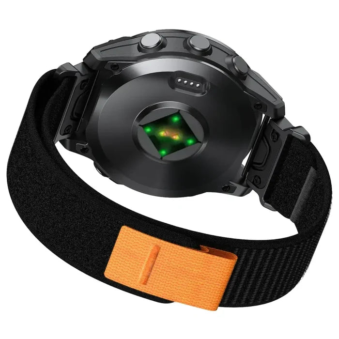 Habicare QuickFit nylon strap for Garmin Instinct and Fenix series, available in two sizes and six colors, shown on watch.
