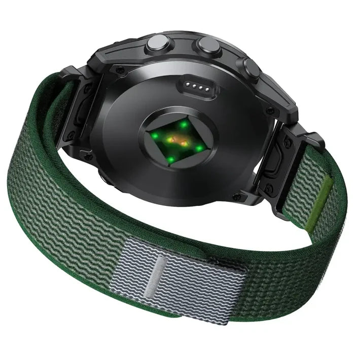 Habicare QuickFit nylon strap for Garmin Instinct and Fenix series, available in 2 sizes and 6 colors, shown in black and blue.