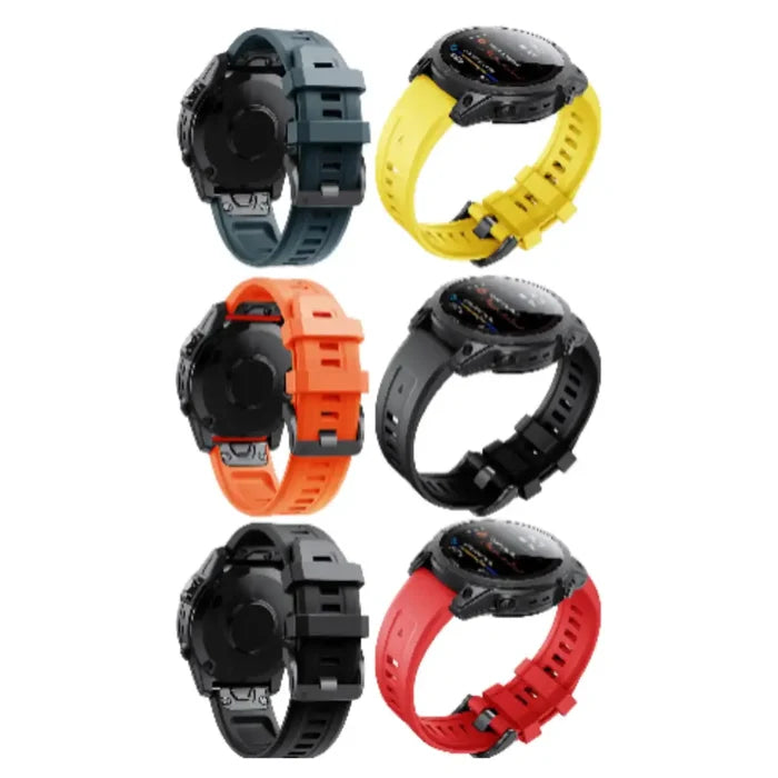 Habicare QuickFit silicone strap, 22mm, compatible with various Garmin watches, shown in black with quick-release design.