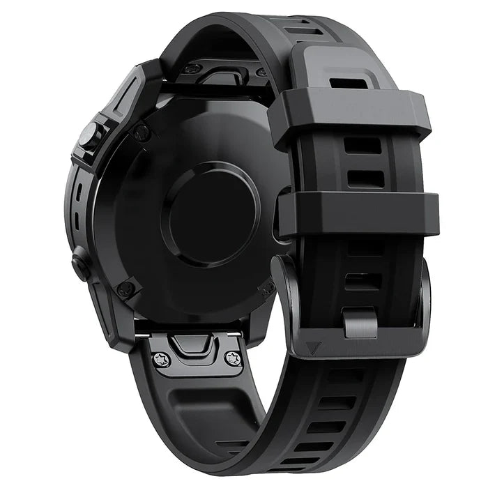 Habicare QuickFit silicone strap for Garmin Instinct 2, TWS style, available in 12 vibrant colors, shown on a smartwatch.
