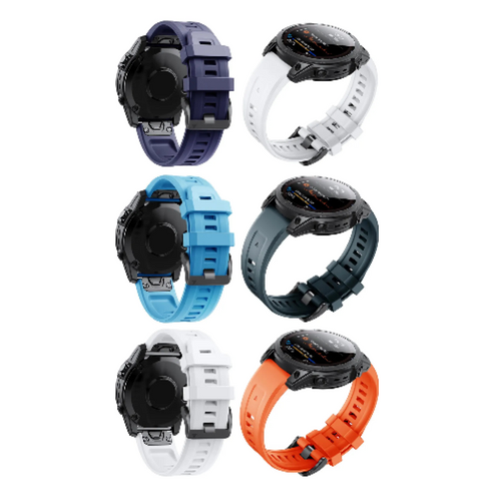 Habicare QuickFit silicone strap for Garmin Approach S70 47mm, shown in four of the available 12 colors, TWS design.
