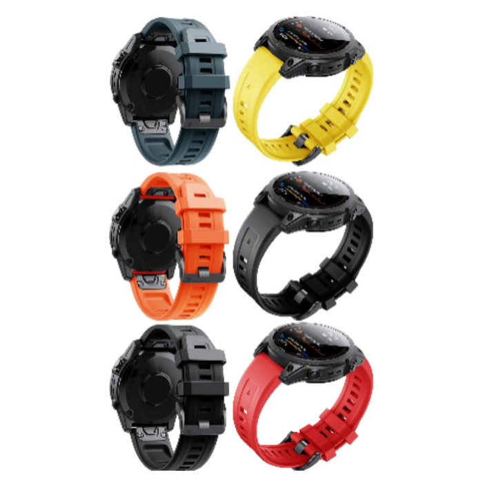Habicare QuickFit silicone strap for Garmin Approach S70 47mm, TWS style, available in 12 vibrant colors, shown on smartwatch.