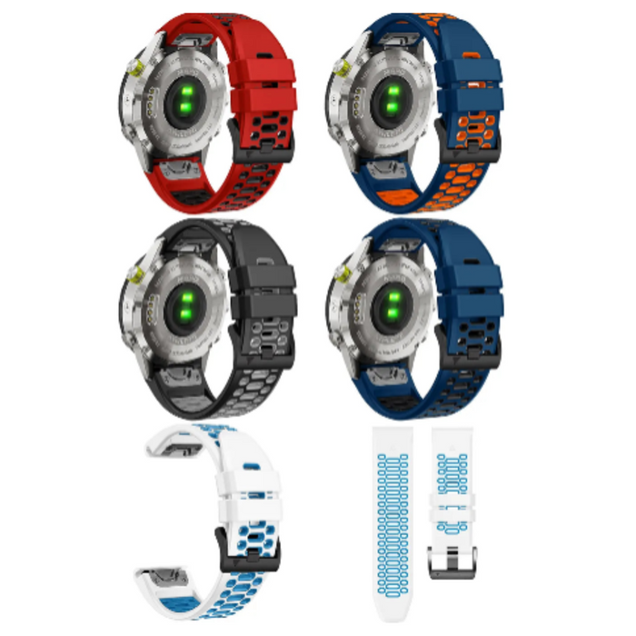 Habicare TWS Quickfit silicone watch band for Garmin watches, 22mm, showing the flexible strap and clasp in close-up.