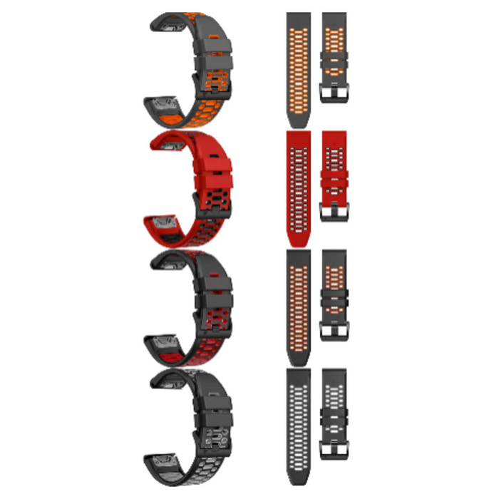 Habicare Quickfit silicone watch band for Garmin watches, 22mm TWS style, shown in black with buckle and watch attachment points.