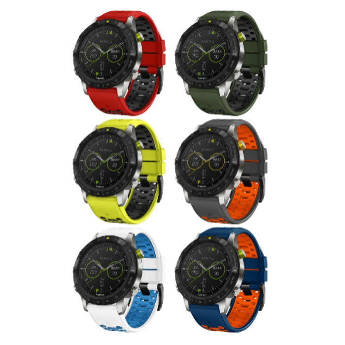 Habicare Quickfit silicone watch band in black for Garmin watches, 26mm TWS model, showing the band attached to a Garmin device.