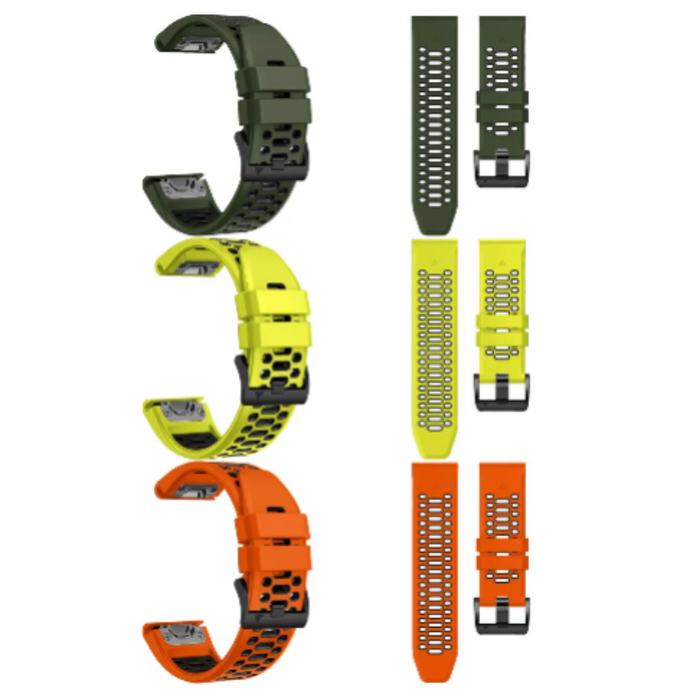 Habicare Quickfit silicone watch band for Garmin watches, 26mm TWS style, shown on a compatible Garmin model.
