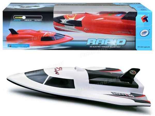 High-powered 40cm RC racing boat by DealOnlineNZ, sleek design, blue and white color, ready for fast water racing.