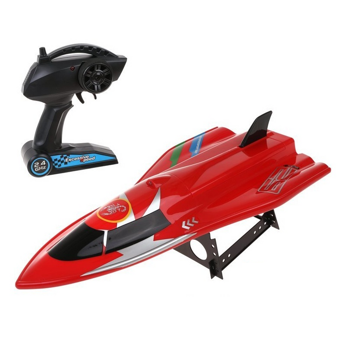 High-powered 40cm RC racing boat by dealonline.co.nz, detailed model with sleek design and vibrant colors for high-speed water racing.