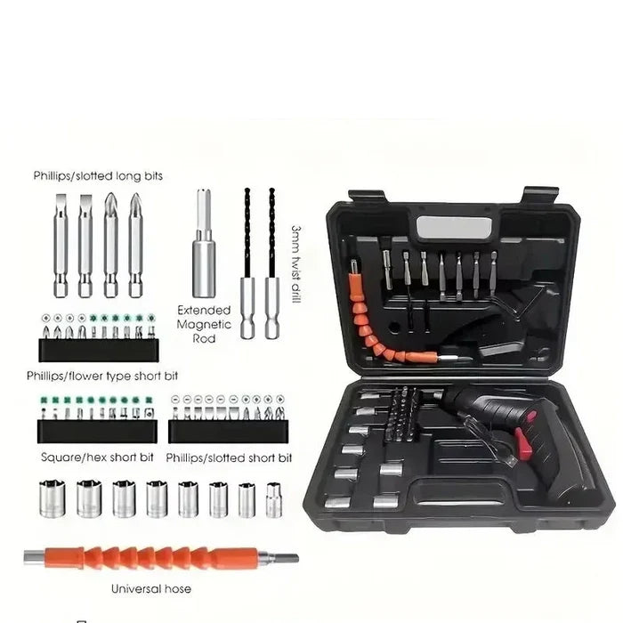 Habicare Rechargeable Electric Screwdriver Set with HBC brand, showing a compact screwdriver and accessories on a work surface.