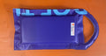 Blue plastic bag with a brand logo on a wooden surface