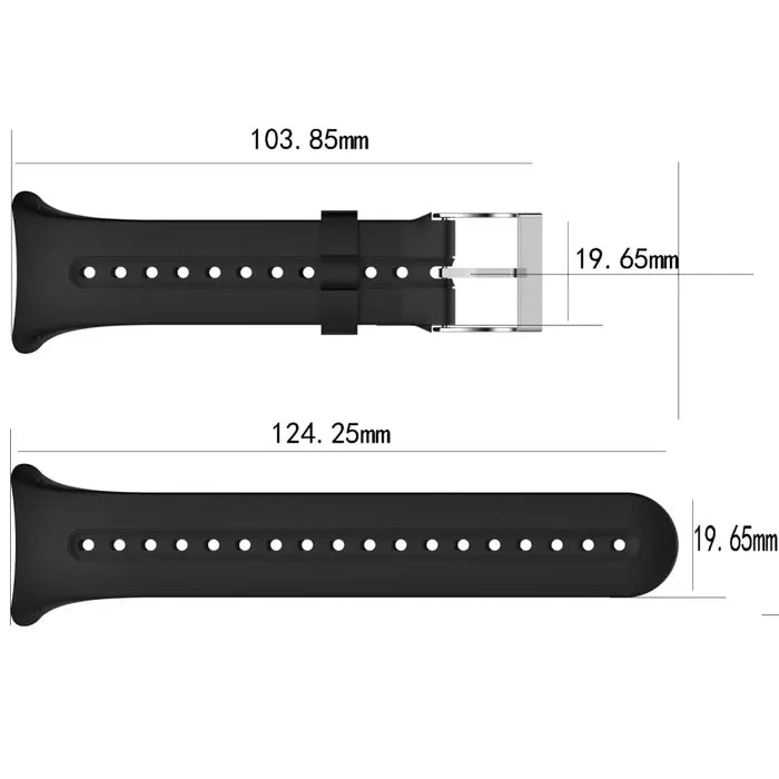 Black Habicare TWS replacement strap with tools for Garmin Swim watch, showing the strap and small repair tools on a white background.