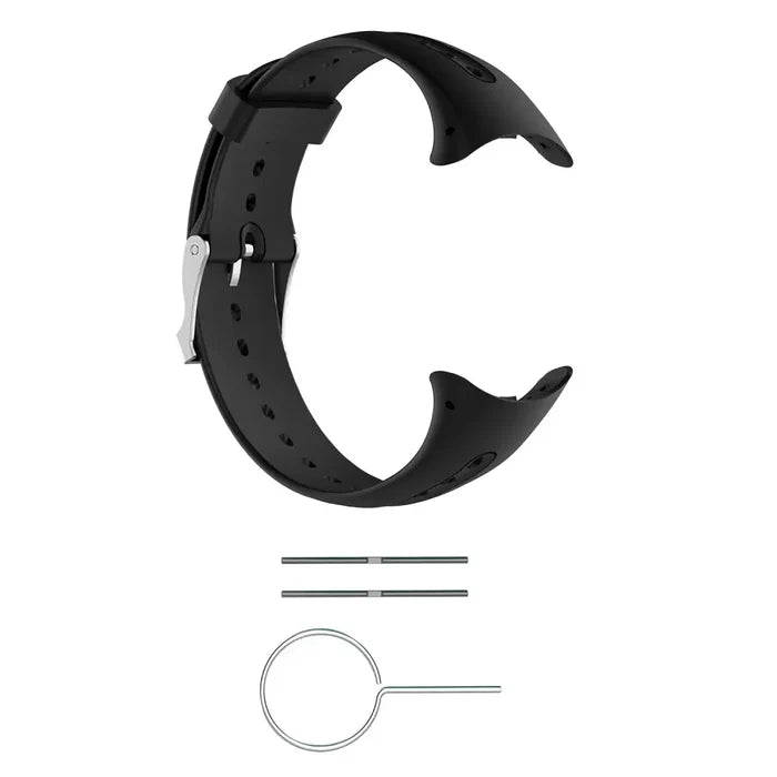 Black Habicare TWS replacement strap with tools for Garmin Swim smartwatch, showing the strap and included tools on a white background.