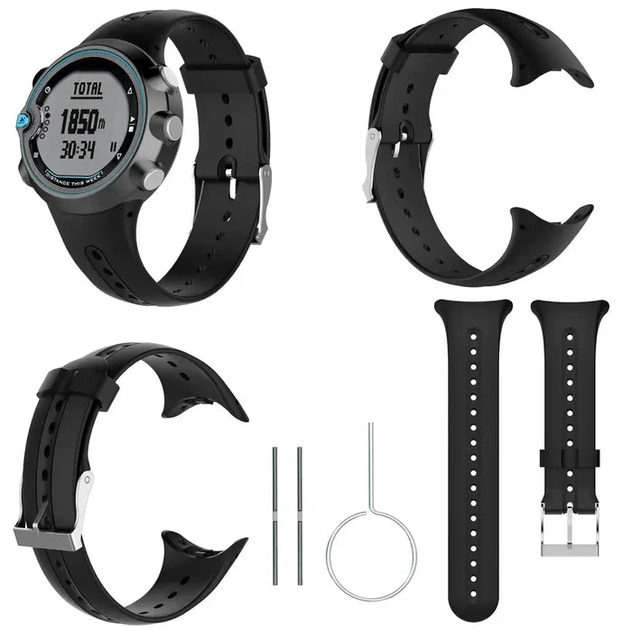 Black Habicare TWS replacement strap with tools for Garmin Swim smartwatch, showing the strap and included repair tools.