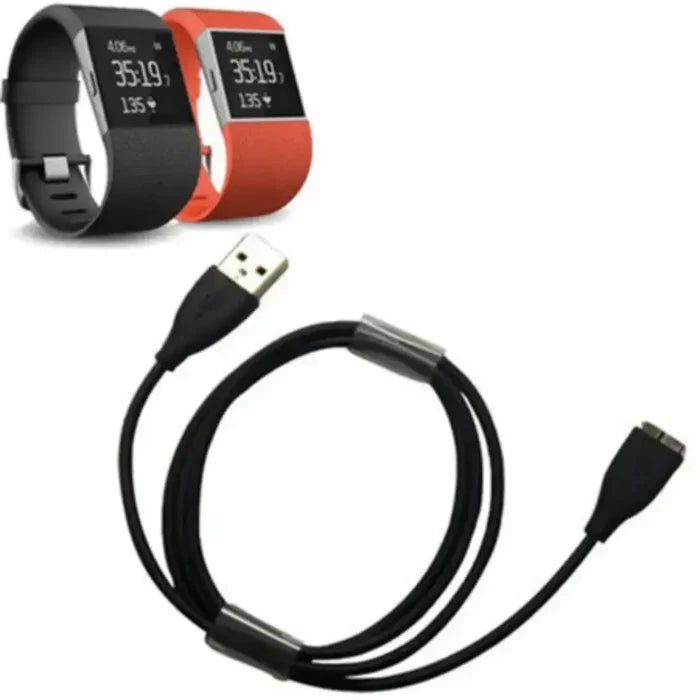 Habicare TWS replacement USB charger for Fitbit Surge, 100cm cable, shown plugged into a device for charging.
