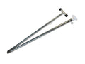 Durable steel tent stakes with plastic caps, designed for secure outdoor anchoring, silver finish.