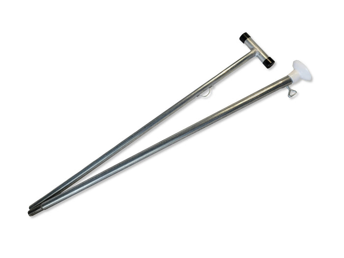 Durable steel tent stakes with plastic caps, designed for secure outdoor anchoring, silver finish.