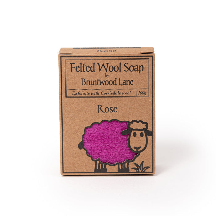 Felted soap with a pink rose design from Bruntwood Lane, showcasing soft wool and decorative rose pattern on the soap.