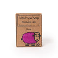 Felted soap with a pink rose design from Bruntwood Lane, showcasing soft wool and decorative rose pattern on the soap.