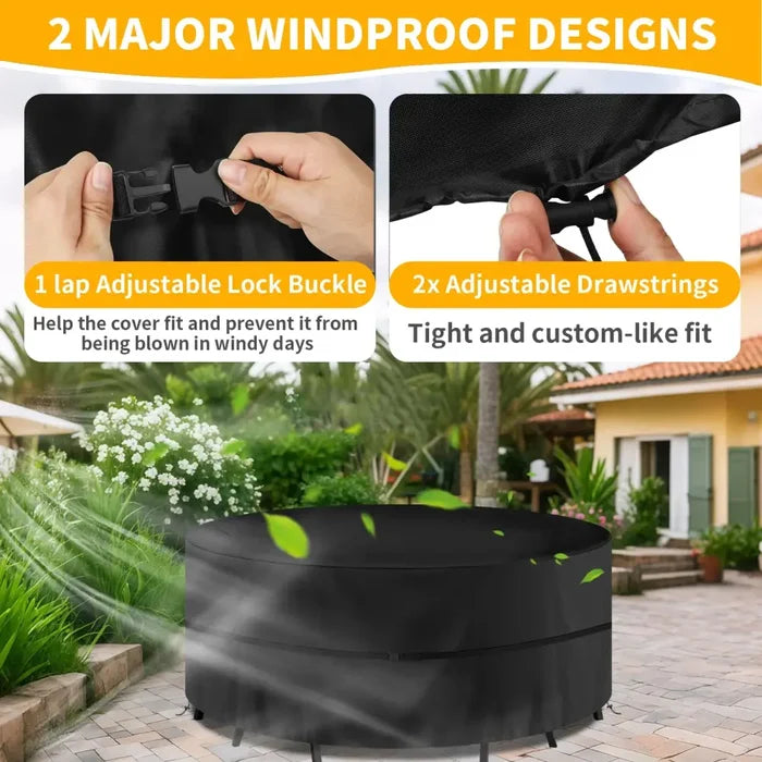 Round Habicare waterproof patio furniture cover with anti-UV and windproof features, designed to protect outdoor furniture.