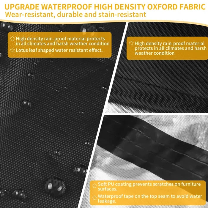 Round waterproof patio furniture cover by Habicare, UV-resistant and windproof, designed to protect outdoor furniture from the elements.