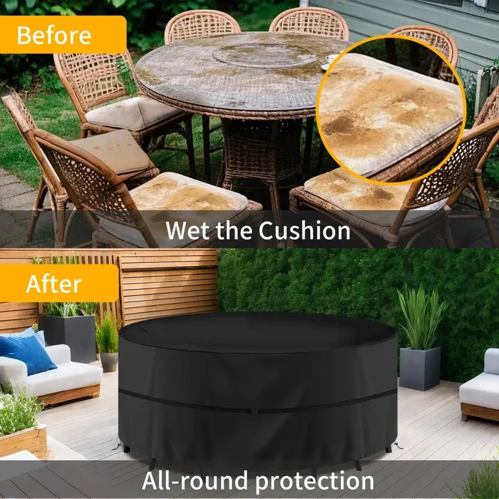 Round waterproof patio furniture cover by Habicare with anti-UV and windproof features, available in various sizes.