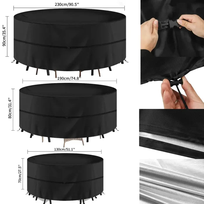 Round waterproof patio furniture cover by Habicare, anti-UV and windproof, designed to protect outdoor furniture in various sizes.