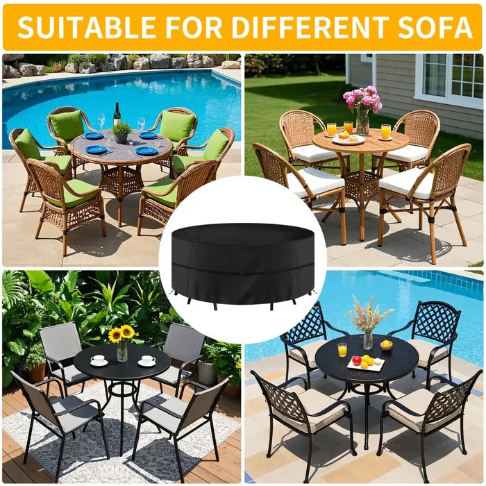 Round waterproof patio furniture cover by Habicare with anti-UV and windproof features, available in different sizes.
