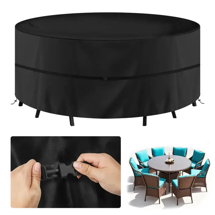 Round waterproof patio furniture cover by Habicare, UV-resistant and windproof, designed to protect outdoor furniture.