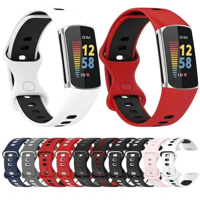 Habicare rubber sport strap for Fitbit Charge 5/6 series, TWS, in vibrant colors, shown on a smartwatch with a close-up view.