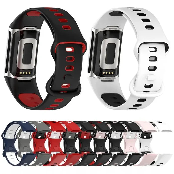 Habicare rubber sport strap for Fitbit Charge 5/6 series, TWS model, in vibrant colors, shown on a smartwatch.