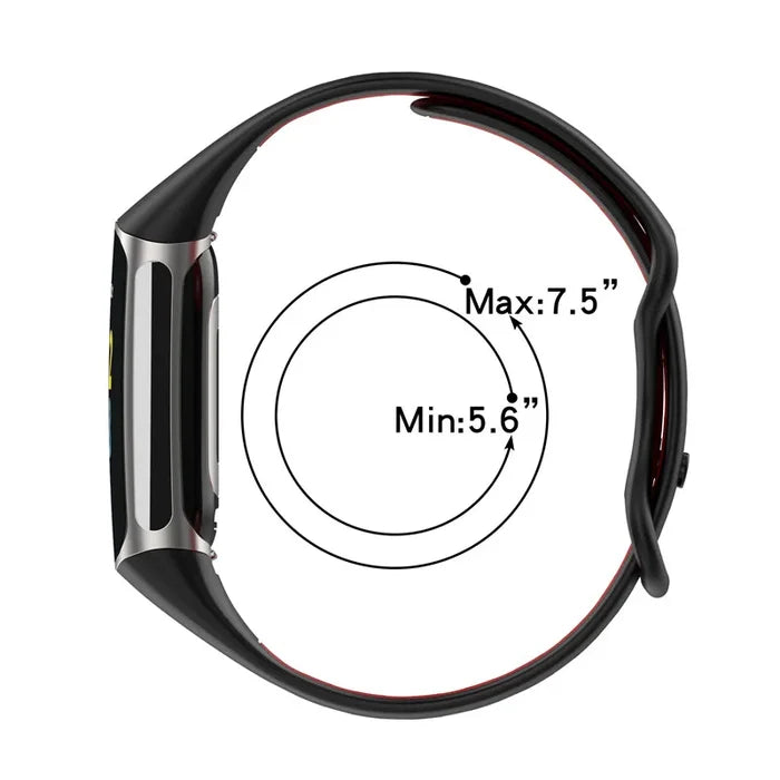 Habicare rubber sport strap for Fitbit Charge 5/6 series, TWS style, in vibrant colors, shown on a smartwatch band.