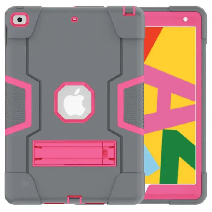 Gray and pink Rugged Case for iPad Series by 9eight5, designed by Habicare, with a sturdy protective exterior and precise cutouts.