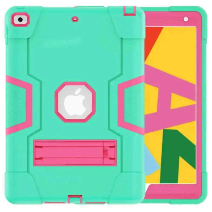 Green and pink Rugged Case for iPad Series by 9eight5 from Habicare, featuring durable design and protective features.