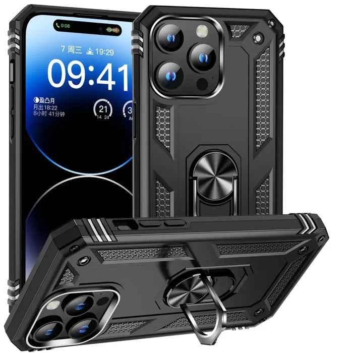 Habicare 9eight5 rugged metal-ring kickstand shockproof case for iPhone 11 to 15 series, available in multiple colors.