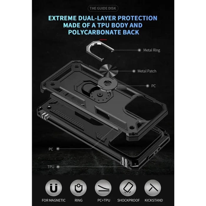 Habicare 9eight5 rugged metal-ring kickstand shockproof case for iPhone 12 series, featuring a sturdy design and multiple color options.