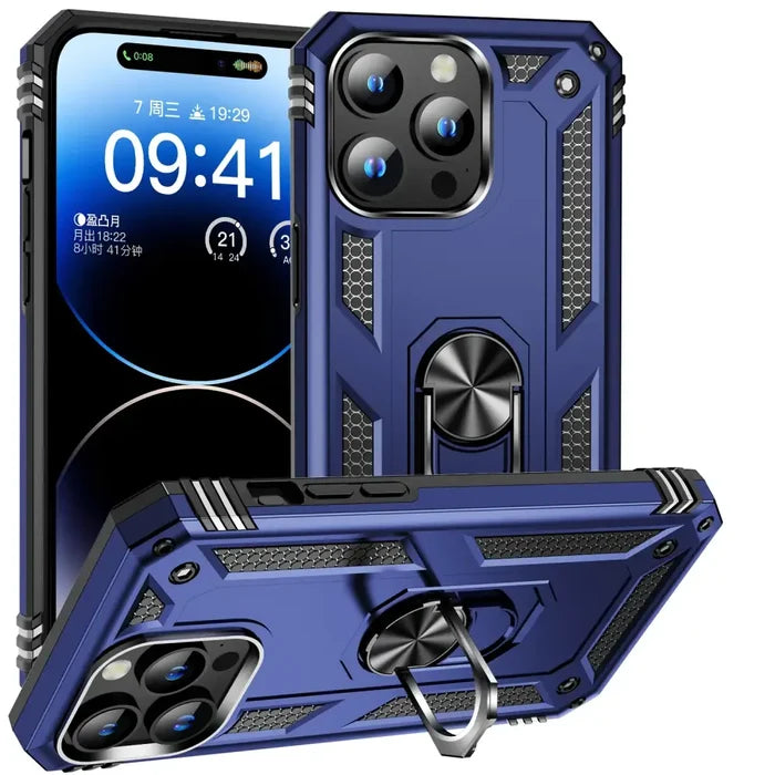 Habicare 9eight5 rugged iPhone case with metal ring kickstand, shockproof armor for iPhone 11 to 15 in multiple colors.
