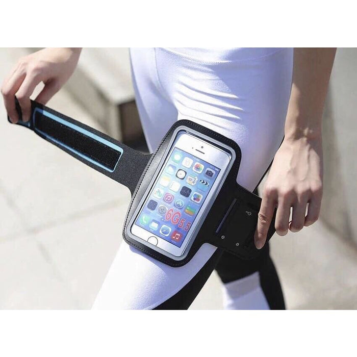 Black 9eight5 running armband for phone cases, designed for secure, comfortable phone carrying during exercise.