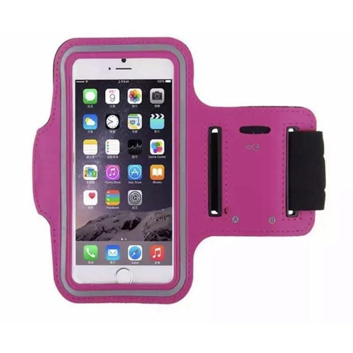 Dark pink 9eight5 running armband for phones, lightweight and adjustable, designed for comfortable fitness workouts.