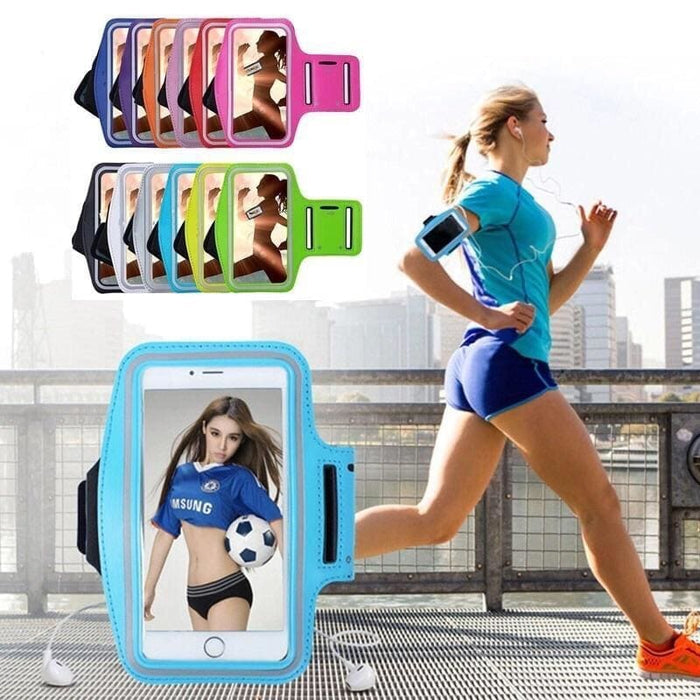 Black 9eight5 running armband for phones, adjustable strap, lightweight design, ideal for jogging and fitness activities.