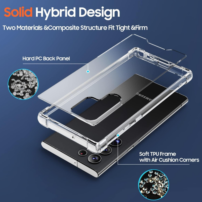 Samsung Galaxy S22 Ultra ROAR Armor Gel HD Clear Case by techplus, showing a transparent protective mobile phone case with reinforced edges.