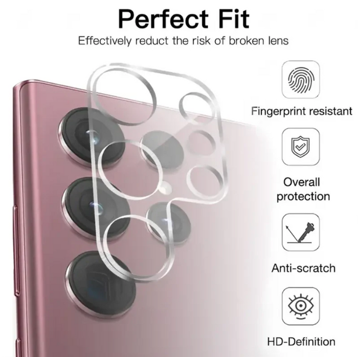 Samsung Galaxy S23 Ultra glass camera lens shield protector, clear mobile phone screen protector with durable glass design.
