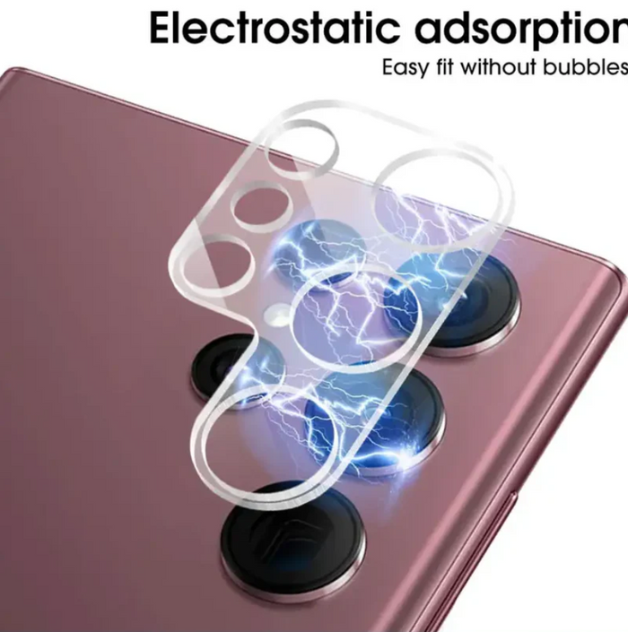 Samsung Galaxy S23 Ultra glass camera lens shield protector for mobile phones, showing the clear protective cover on the camera lens.